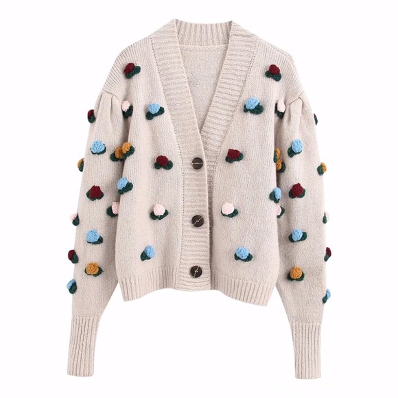 Zara Beige Wool Flower Floral Sweater Cardigan - Picture 3 of 12